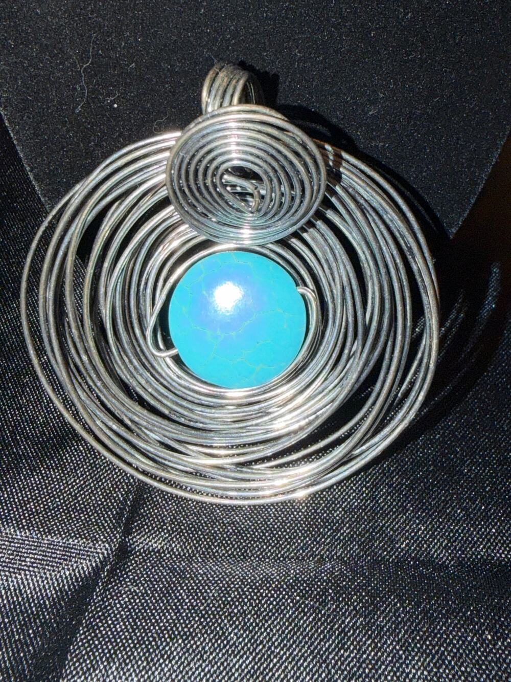 Natural Turquoise Howlite Stone silver tone wire wrapped boho chic pendant 3”